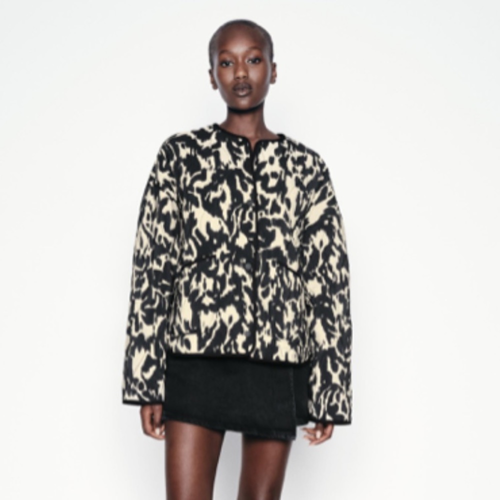 Zara Black and White Patterned Bomber Jacket